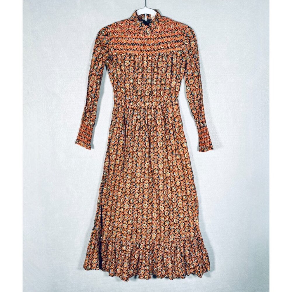 Vintage Y2K Cottagecore Dress Womens S Orange Floral Maxi Smocked